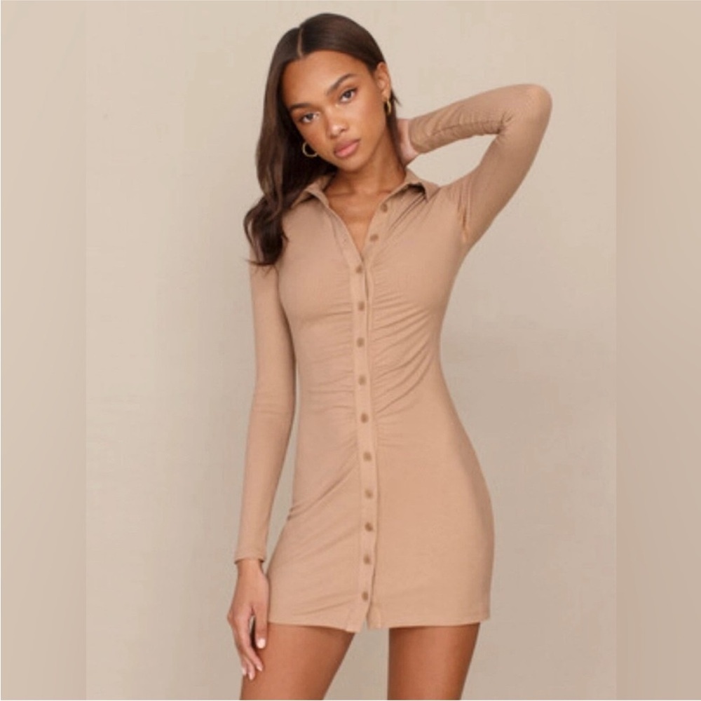Reformation Amy Knit Mini Dress in Sand Tan Brown XS Ribbed Button Down